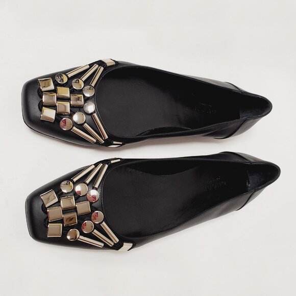 GUCCI SHOES BALLERINA FLATS BLACK LEATHER w HARDWARE sz 37.5 / 7.5 US - Picture 3 of 15